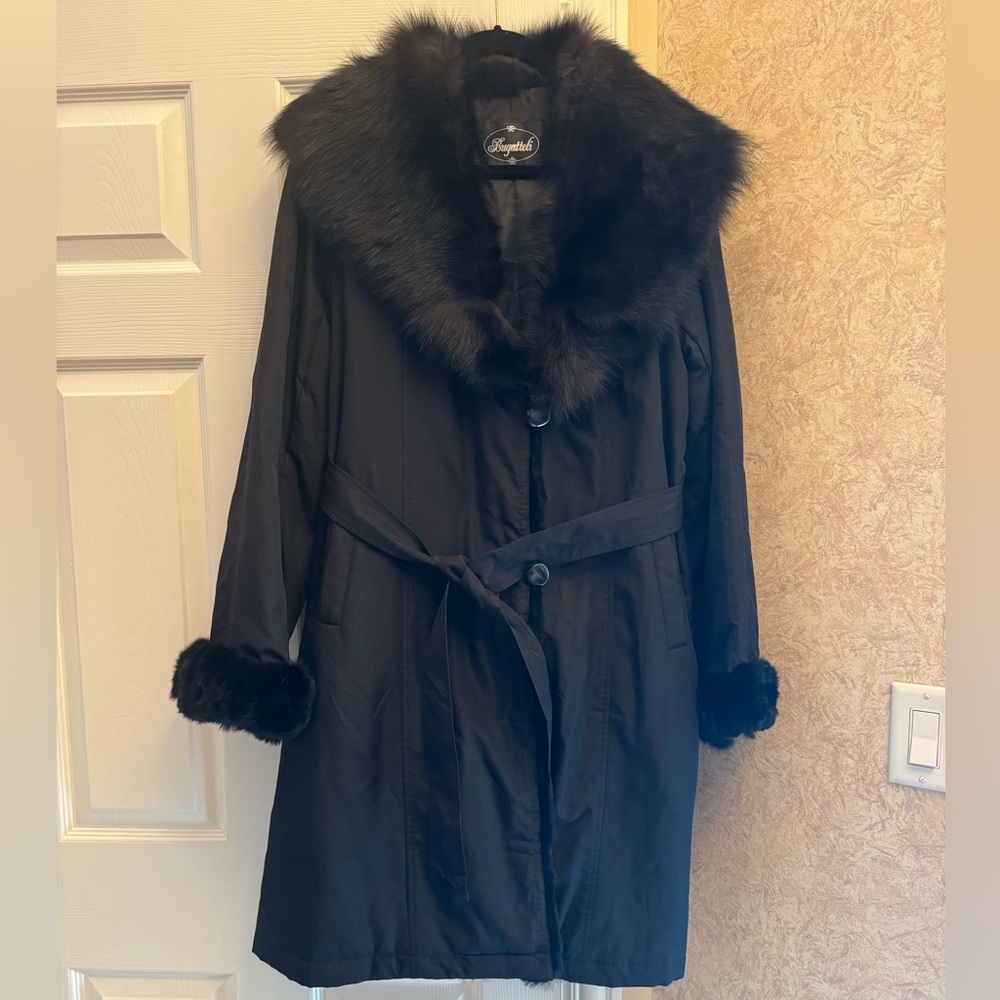 Bugatteli black coat with blue Fox collar Size XL